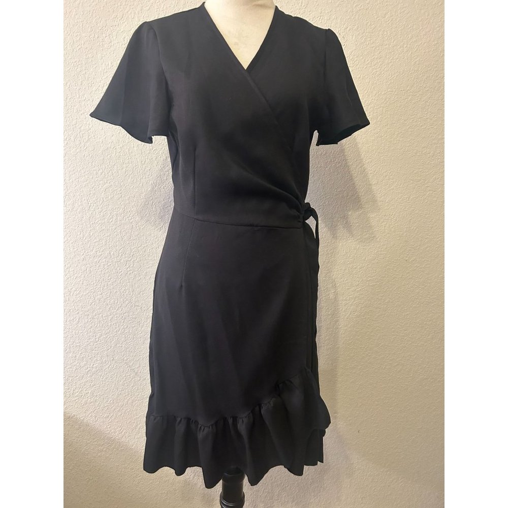 Women's Black Wrap Midi Dress with Ruffle Hem